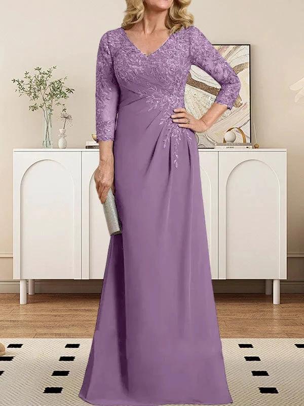 Sheath/Column V-Neck Illusion Floor-Length Lace Chiffon Mother of the Bride Dress With Pleated Sequins - Image 23