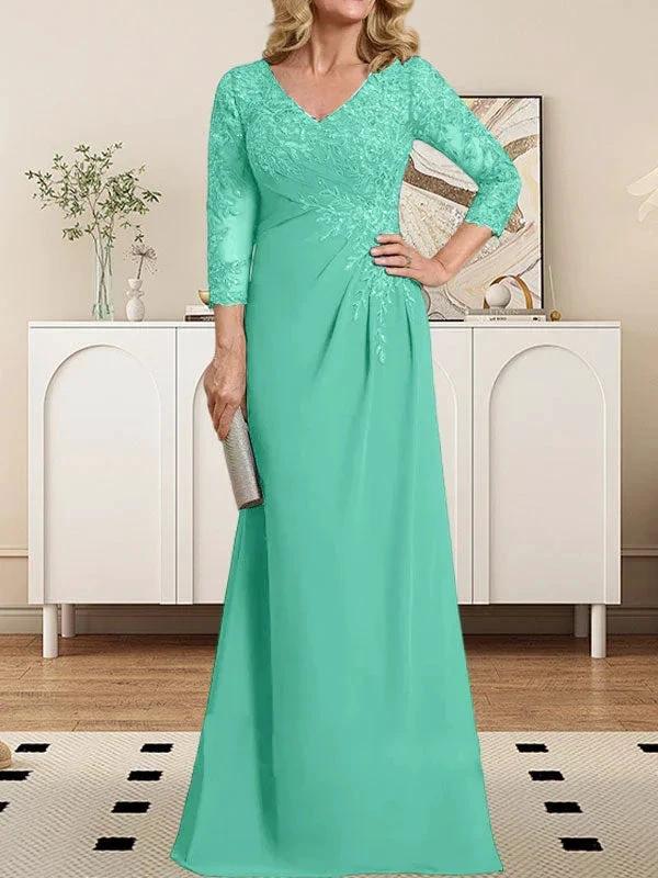 Sheath/Column V-Neck Illusion Floor-Length Lace Chiffon Mother of the Bride Dress With Pleated Sequins - Image 24