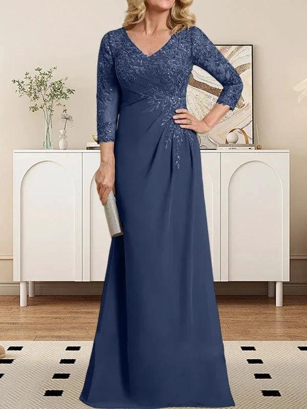 Sheath/Column V-Neck Illusion Floor-Length Lace Chiffon Mother of the Bride Dress With Pleated Sequins - Image 25