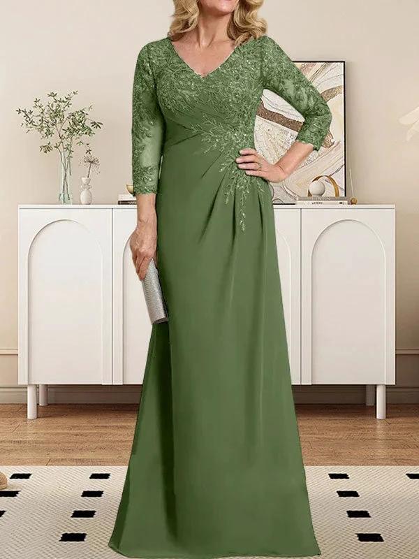 Sheath/Column V-Neck Illusion Floor-Length Lace Chiffon Mother of the Bride Dress With Pleated Sequins - Image 26