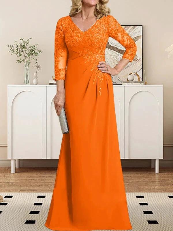 Sheath/Column V-Neck Illusion Floor-Length Lace Chiffon Mother of the Bride Dress With Pleated Sequins - Image 27