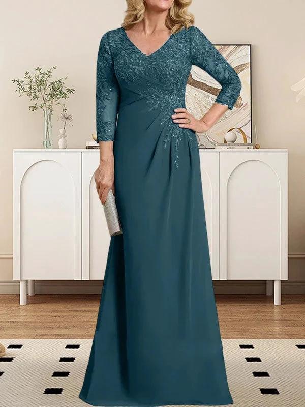 Sheath/Column V-Neck Illusion Floor-Length Lace Chiffon Mother of the Bride Dress With Pleated Sequins - Image 28