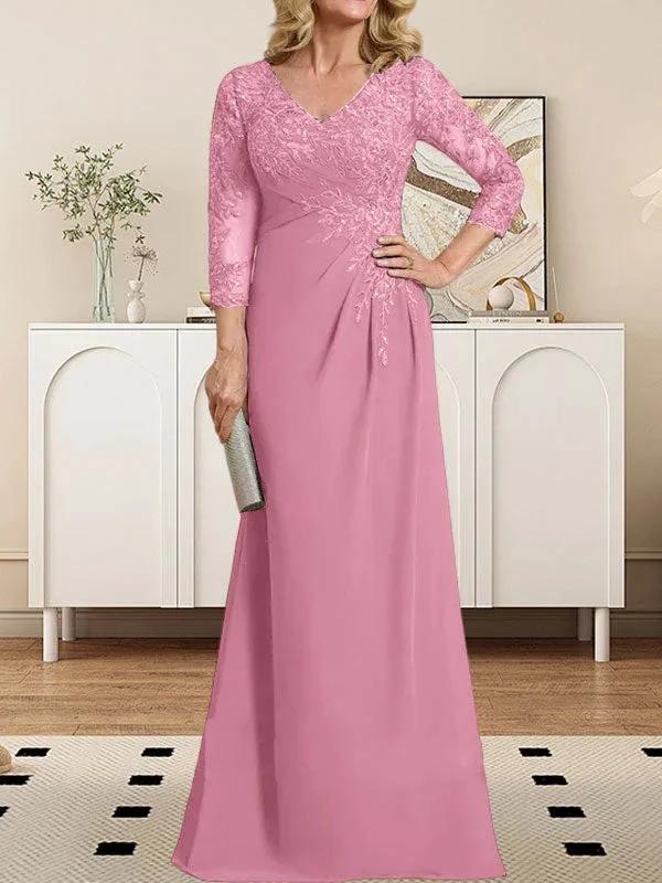 Sheath/Column V-Neck Illusion Floor-Length Lace Chiffon Mother of the Bride Dress With Pleated Sequins - Image 29