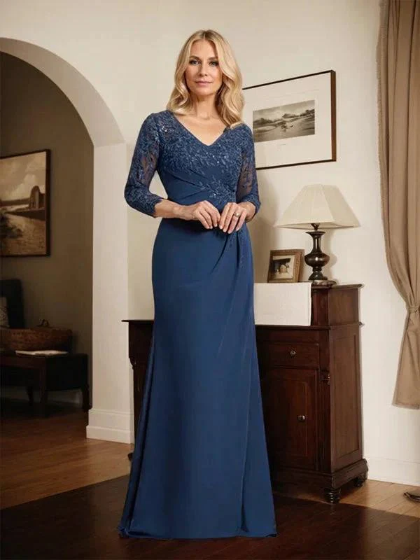 Sheath/Column V-Neck Illusion Floor-Length Lace Chiffon Mother of the Bride Dress With Pleated Sequins - Image 3