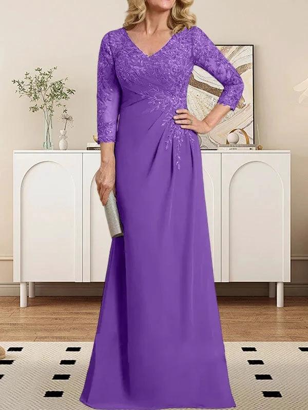 Sheath/Column V-Neck Illusion Floor-Length Lace Chiffon Mother of the Bride Dress With Pleated Sequins - Image 30
