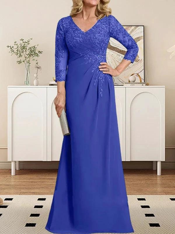 Sheath/Column V-Neck Illusion Floor-Length Lace Chiffon Mother of the Bride Dress With Pleated Sequins - Image 32