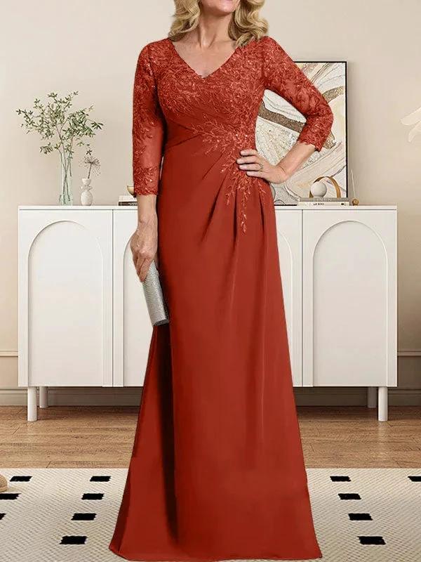 Sheath/Column V-Neck Illusion Floor-Length Lace Chiffon Mother of the Bride Dress With Pleated Sequins - Image 33