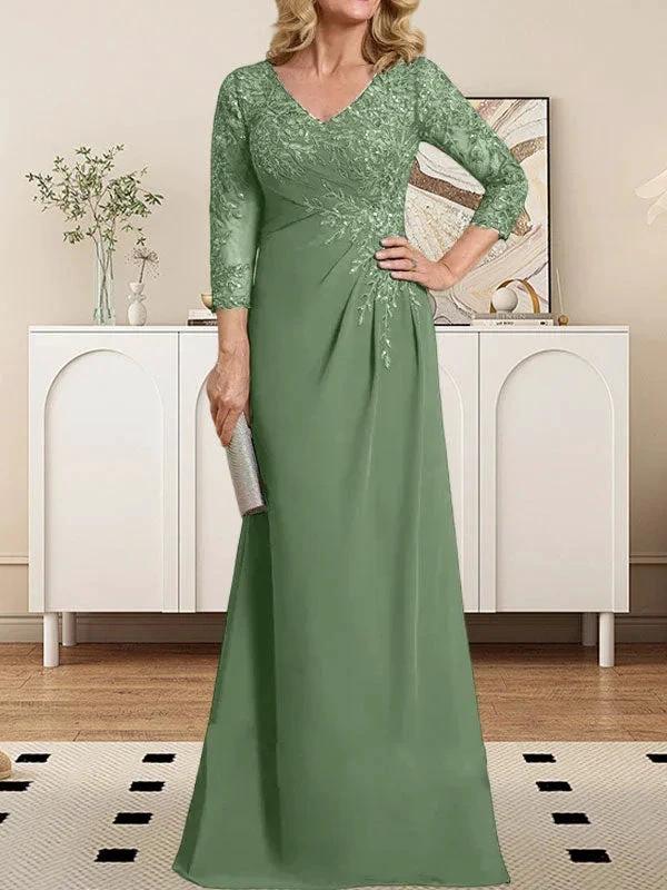 Sheath/Column V-Neck Illusion Floor-Length Lace Chiffon Mother of the Bride Dress With Pleated Sequins - Image 34