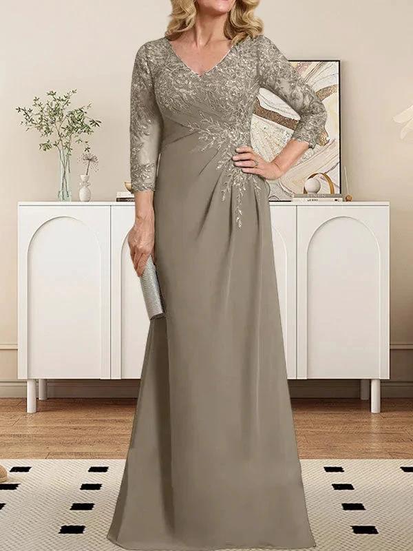 Sheath/Column V-Neck Illusion Floor-Length Lace Chiffon Mother of the Bride Dress With Pleated Sequins - Image 35