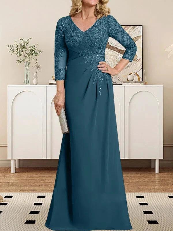 Sheath/Column V-Neck Illusion Floor-Length Lace Chiffon Mother of the Bride Dress With Pleated Sequins - Image 36