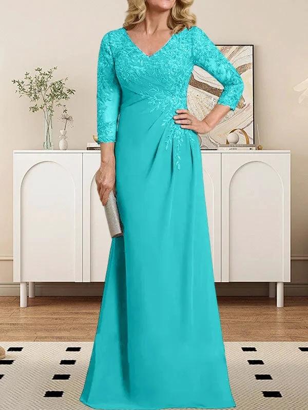Sheath/Column V-Neck Illusion Floor-Length Lace Chiffon Mother of the Bride Dress With Pleated Sequins - Image 37