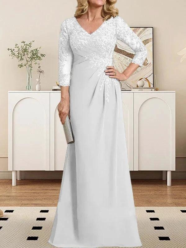 Sheath/Column V-Neck Illusion Floor-Length Lace Chiffon Mother of the Bride Dress With Pleated Sequins - Image 38