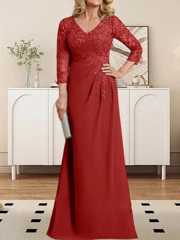Sheath/Column V-Neck Illusion Floor-Length Lace Chiffon Mother of the Bride Dress With Pleated Sequins - Image 39