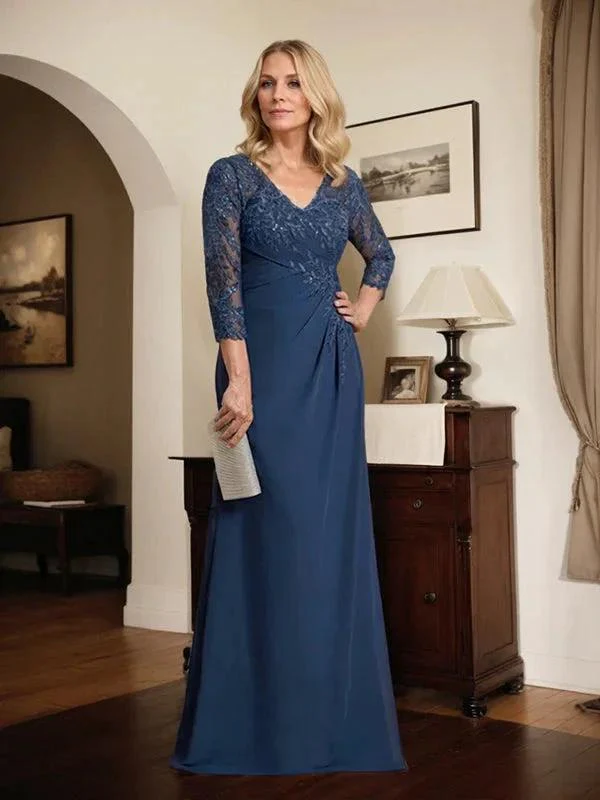 Sheath/Column V-Neck Illusion Floor-Length Lace Chiffon Mother of the Bride Dress With Pleated Sequins - Image 4