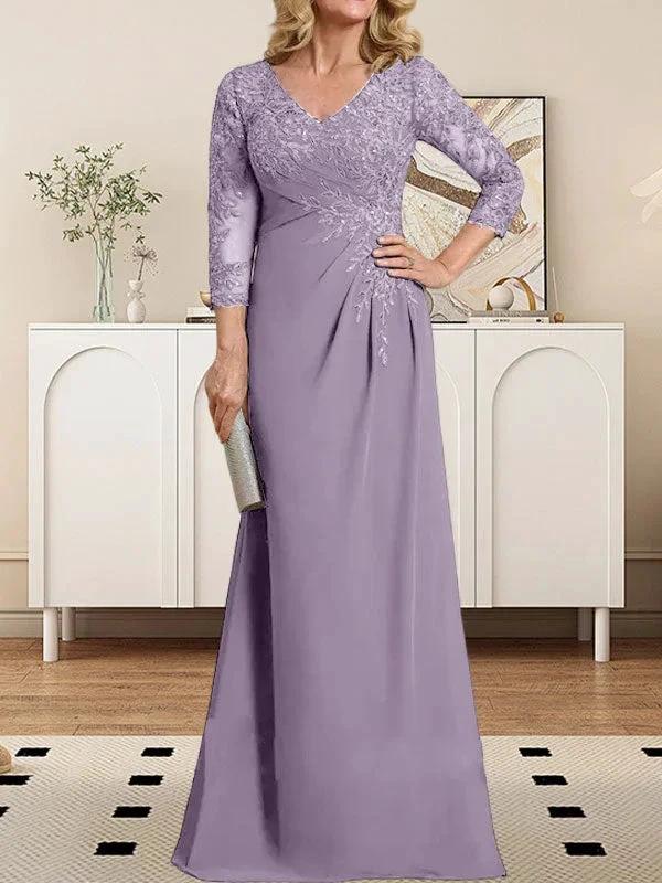 Sheath/Column V-Neck Illusion Floor-Length Lace Chiffon Mother of the Bride Dress With Pleated Sequins - Image 40