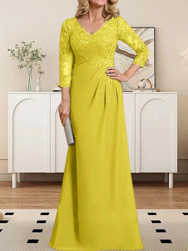 Sheath/Column V-Neck Illusion Floor-Length Lace Chiffon Mother of the Bride Dress With Pleated Sequins - Image 41