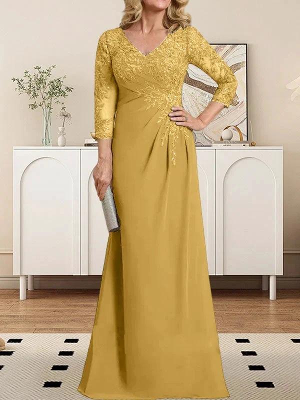Sheath/Column V-Neck Illusion Floor-Length Lace Chiffon Mother of the Bride Dress With Pleated Sequins - Image 42