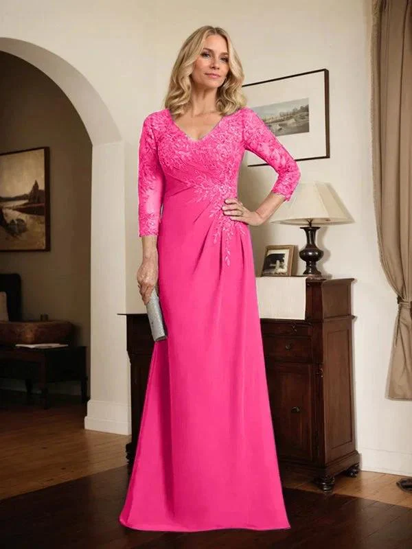 Sheath/Column V-Neck Illusion Floor-Length Lace Chiffon Mother of the Bride Dress With Pleated Sequins - Image 43