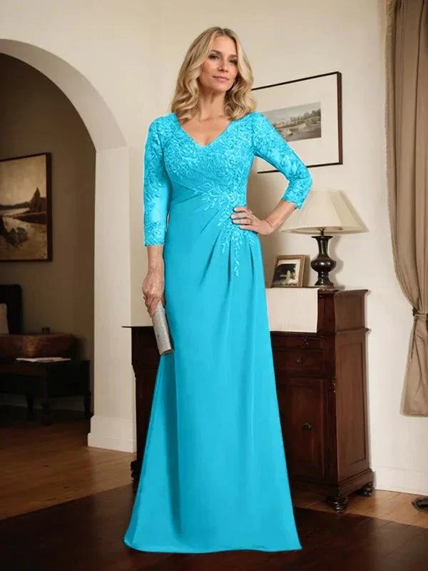 Sheath/Column V-Neck Illusion Floor-Length Lace Chiffon Mother of the Bride Dress With Pleated Sequins - Image 44
