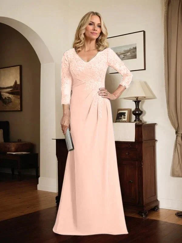 Sheath/Column V-Neck Illusion Floor-Length Lace Chiffon Mother of the Bride Dress With Pleated Sequins - Image 45