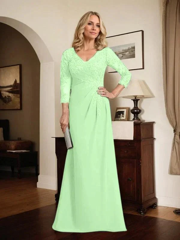 Sheath/Column V-Neck Illusion Floor-Length Lace Chiffon Mother of the Bride Dress With Pleated Sequins - Image 48