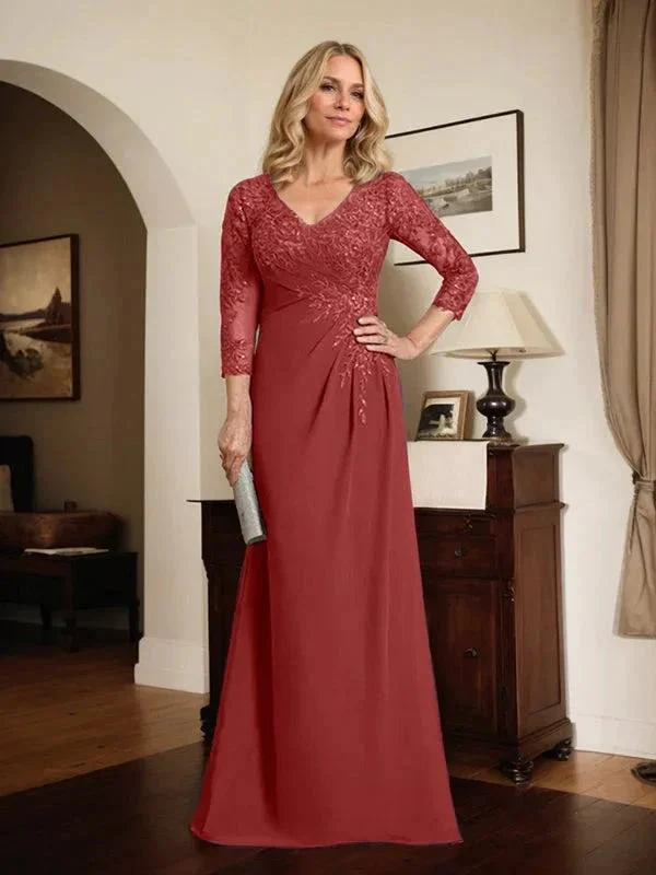 Sheath/Column V-Neck Illusion Floor-Length Lace Chiffon Mother of the Bride Dress With Pleated Sequins - Image 51