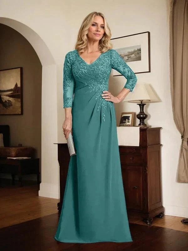 Sheath/Column V-Neck Illusion Floor-Length Lace Chiffon Mother of the Bride Dress With Pleated Sequins - Image 54