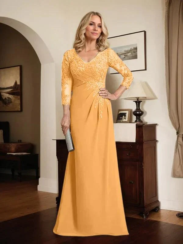 Sheath/Column V-Neck Illusion Floor-Length Lace Chiffon Mother of the Bride Dress With Pleated Sequins - Image 55