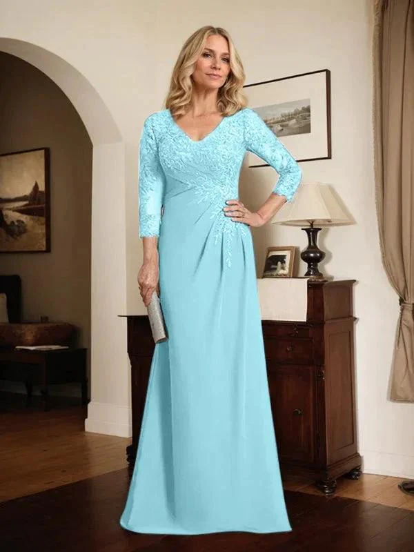 Sheath/Column V-Neck Illusion Floor-Length Lace Chiffon Mother of the Bride Dress With Pleated Sequins - Image 56