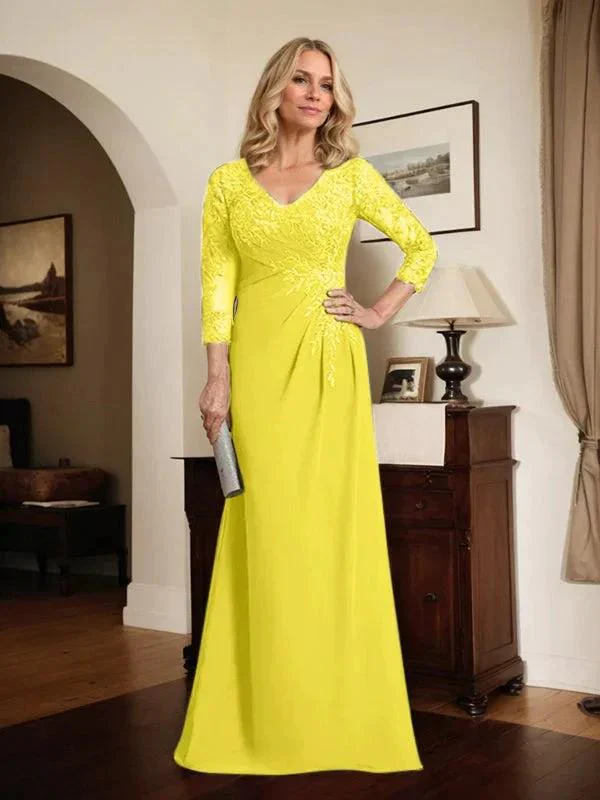 Sheath/Column V-Neck Illusion Floor-Length Lace Chiffon Mother of the Bride Dress With Pleated Sequins - Image 57