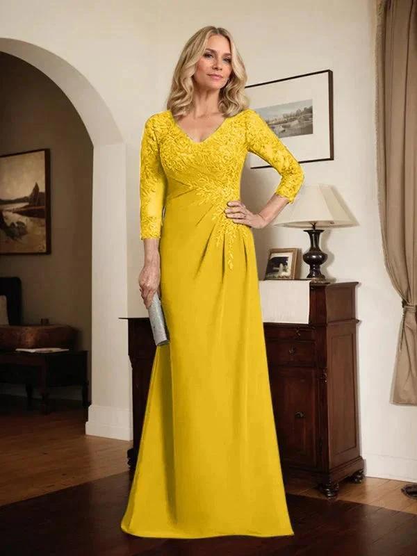 Sheath/Column V-Neck Illusion Floor-Length Lace Chiffon Mother of the Bride Dress With Pleated Sequins - Image 58
