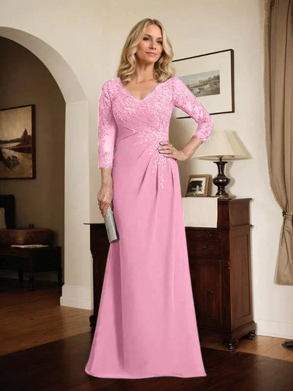 Sheath/Column V-Neck Illusion Floor-Length Lace Chiffon Mother of the Bride Dress With Pleated Sequins - Image 59
