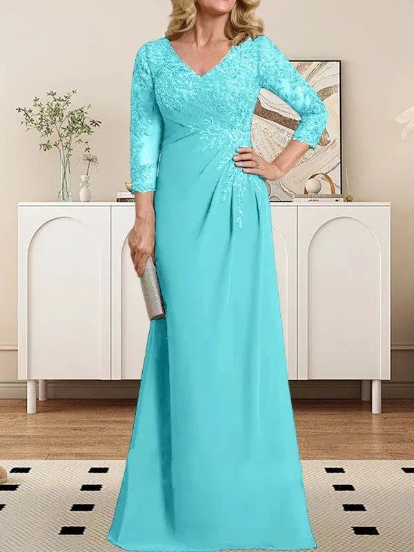 Sheath/Column V-Neck Illusion Floor-Length Lace Chiffon Mother of the Bride Dress With Pleated Sequins - Image 6