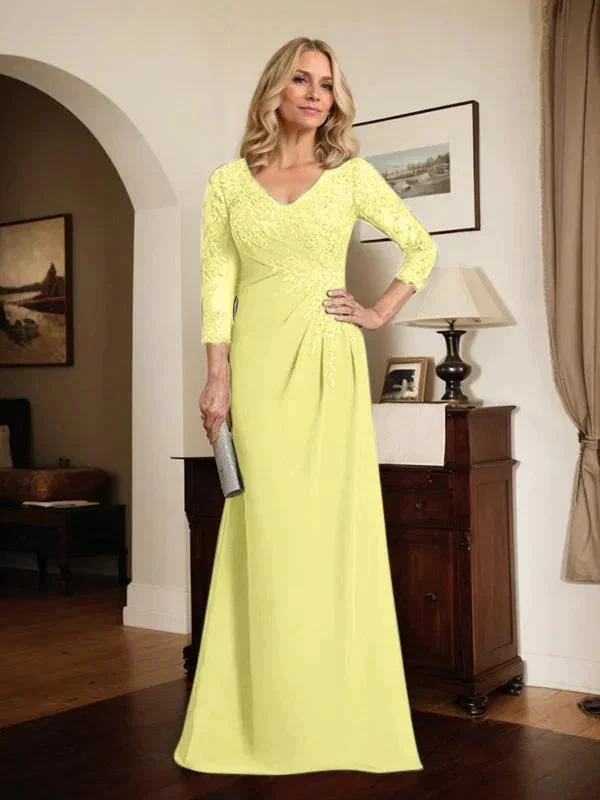 Sheath/Column V-Neck Illusion Floor-Length Lace Chiffon Mother of the Bride Dress With Pleated Sequins - Image 60