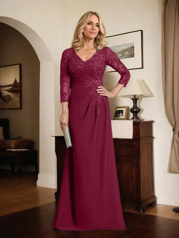 Sheath/Column V-Neck Illusion Floor-Length Lace Chiffon Mother of the Bride Dress With Pleated Sequins - Image 61