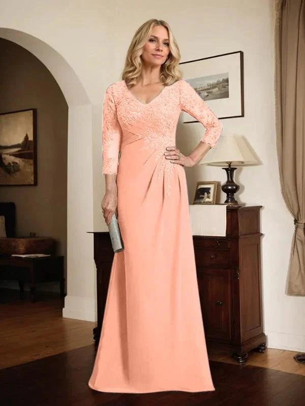 Sheath/Column V-Neck Illusion Floor-Length Lace Chiffon Mother of the Bride Dress With Pleated Sequins - Image 62