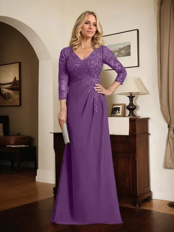 Sheath/Column V-Neck Illusion Floor-Length Lace Chiffon Mother of the Bride Dress With Pleated Sequins - Image 63
