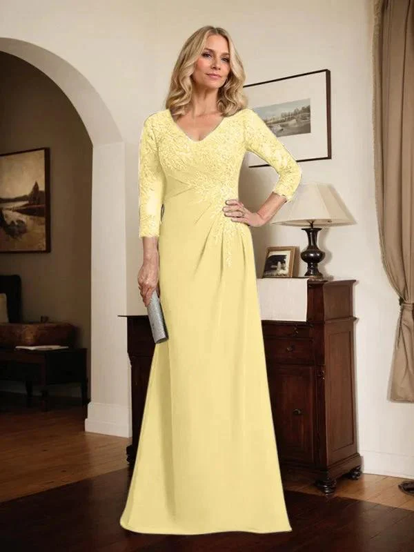 Sheath/Column V-Neck Illusion Floor-Length Lace Chiffon Mother of the Bride Dress With Pleated Sequins - Image 64