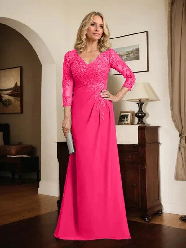 Sheath/Column V-Neck Illusion Floor-Length Lace Chiffon Mother of the Bride Dress With Pleated Sequins - Image 65