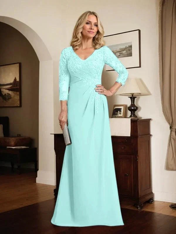 Sheath/Column V-Neck Illusion Floor-Length Lace Chiffon Mother of the Bride Dress With Pleated Sequins - Image 67