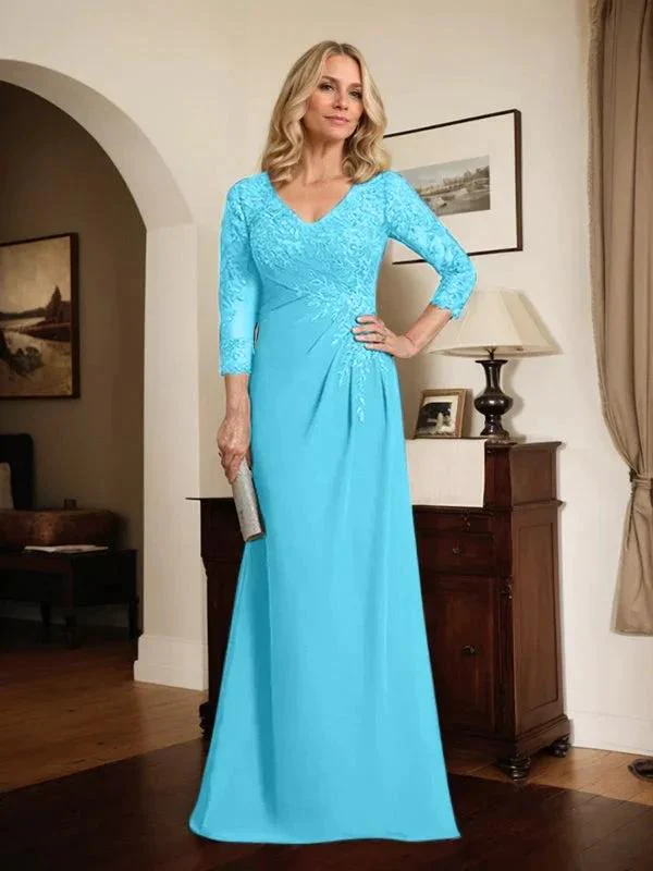 Sheath/Column V-Neck Illusion Floor-Length Lace Chiffon Mother of the Bride Dress With Pleated Sequins - Image 69