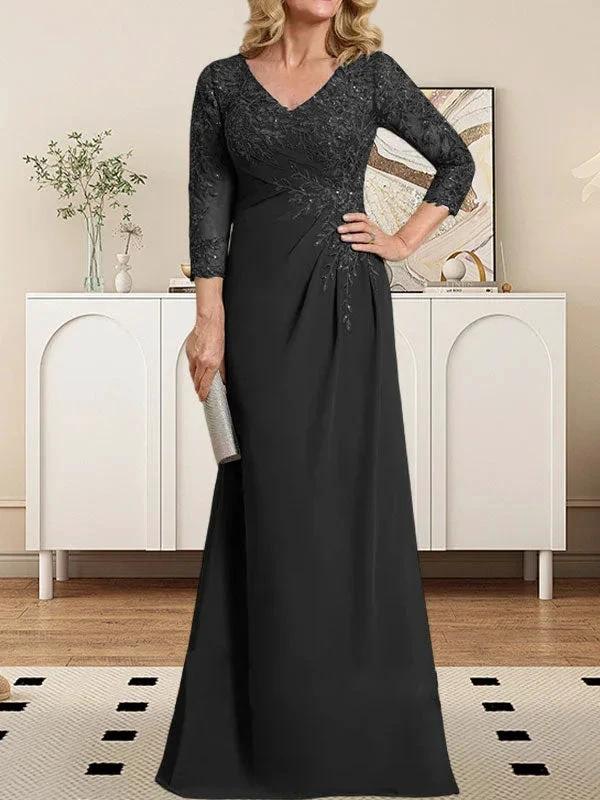 Sheath/Column V-Neck Illusion Floor-Length Lace Chiffon Mother of the Bride Dress With Pleated Sequins - Image 7