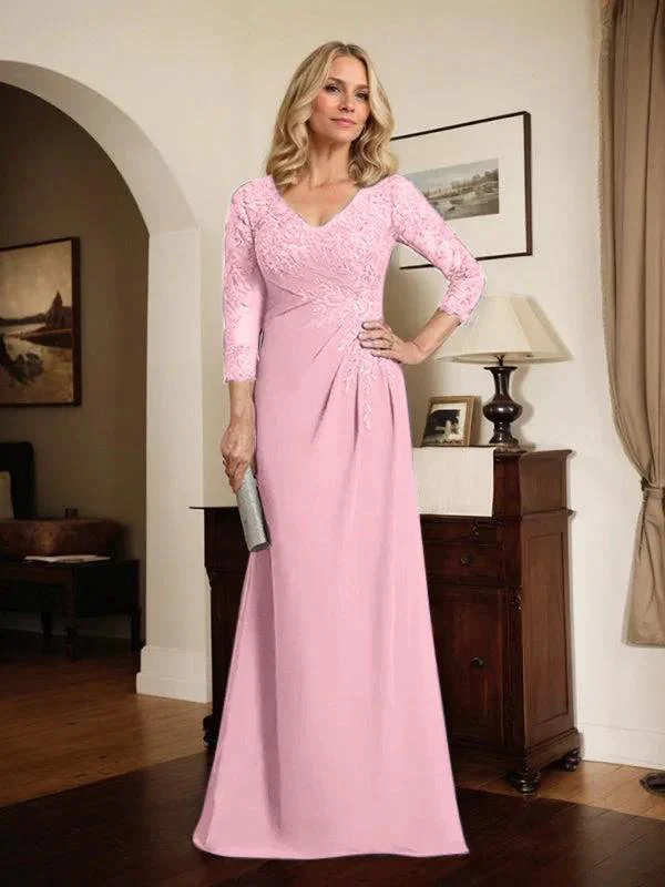 Sheath/Column V-Neck Illusion Floor-Length Lace Chiffon Mother of the Bride Dress With Pleated Sequins - Image 70