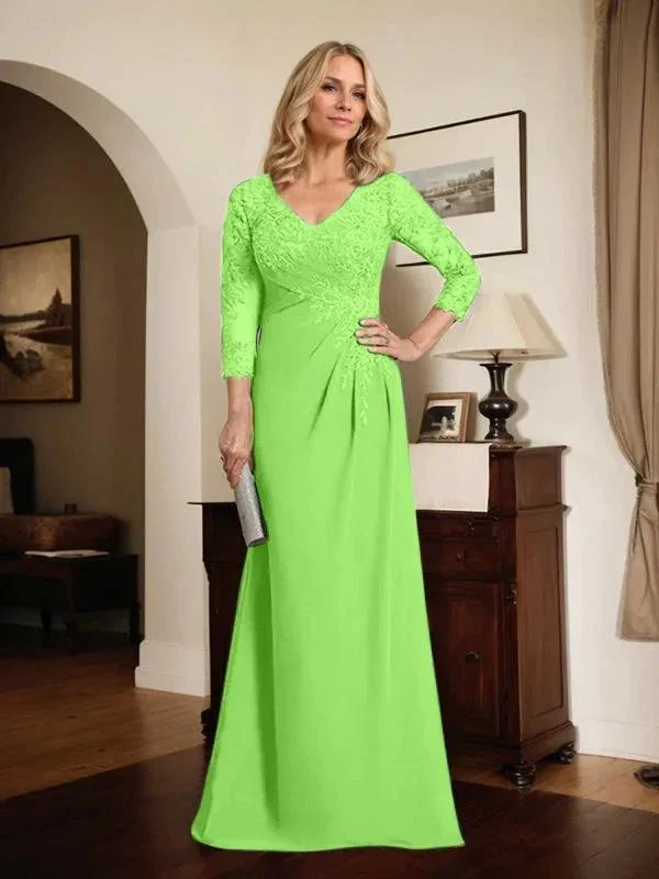 Sheath/Column V-Neck Illusion Floor-Length Lace Chiffon Mother of the Bride Dress With Pleated Sequins - Image 71