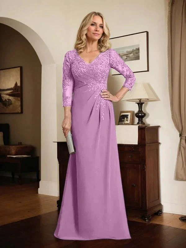 Sheath/Column V-Neck Illusion Floor-Length Lace Chiffon Mother of the Bride Dress With Pleated Sequins - Image 72