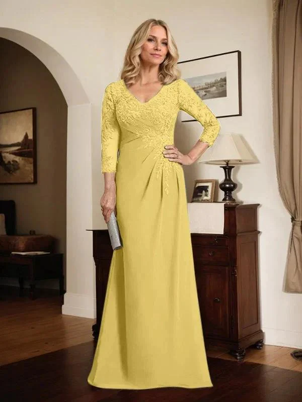 Sheath/Column V-Neck Illusion Floor-Length Lace Chiffon Mother of the Bride Dress With Pleated Sequins - Image 73