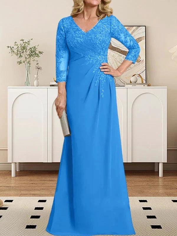 Sheath/Column V-Neck Illusion Floor-Length Lace Chiffon Mother of the Bride Dress With Pleated Sequins - Image 8