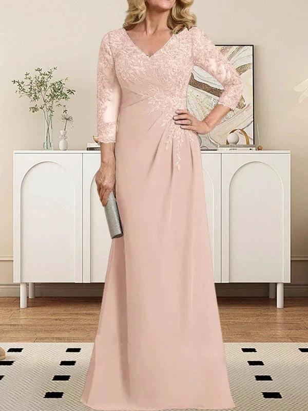 Sheath/Column V-Neck Illusion Floor-Length Lace Chiffon Mother of the Bride Dress With Pleated Sequins - Image 9