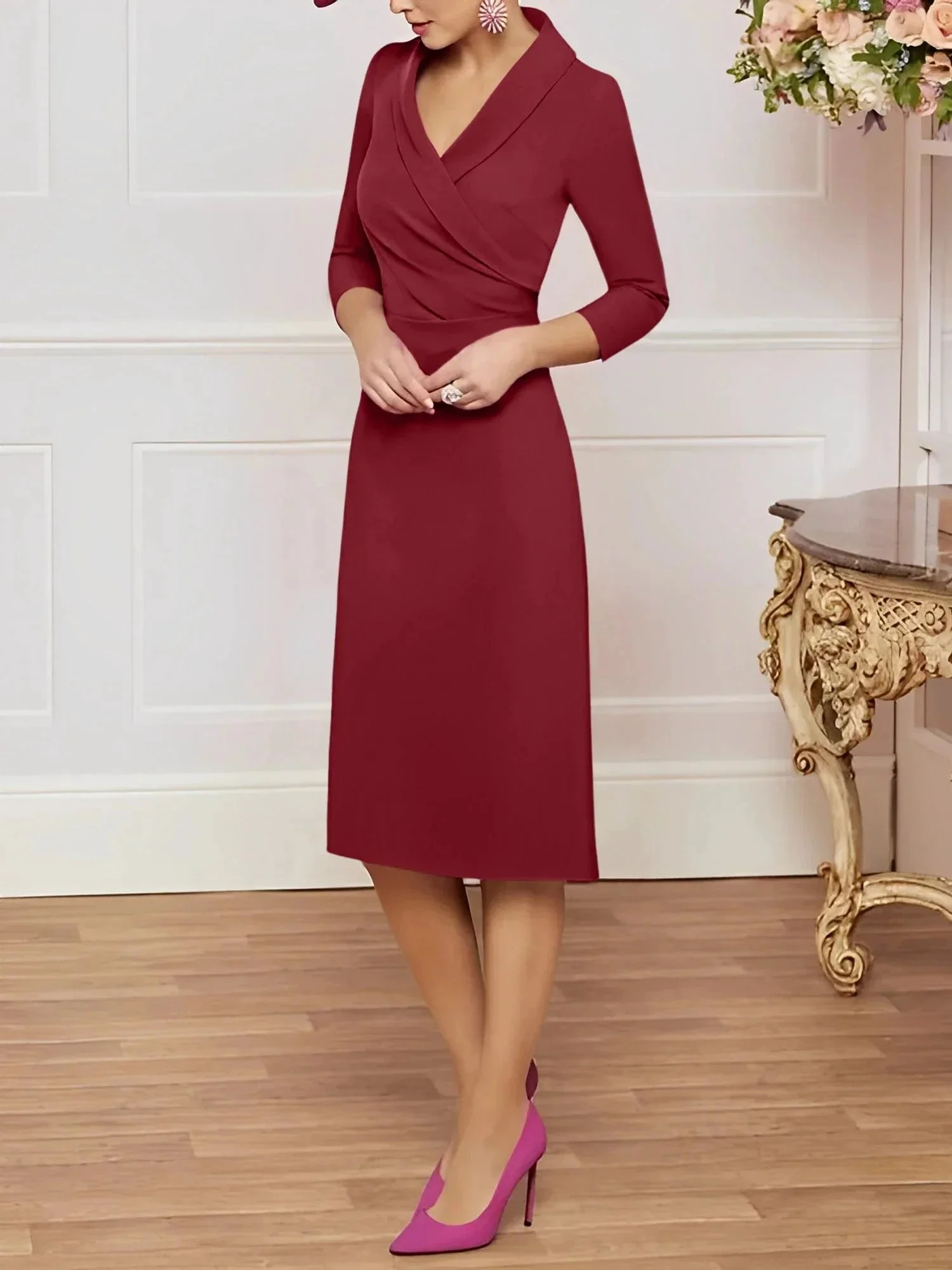 Sheath/Column V-Neck Knee-Length Mother of the Bride Dresses - Image 24