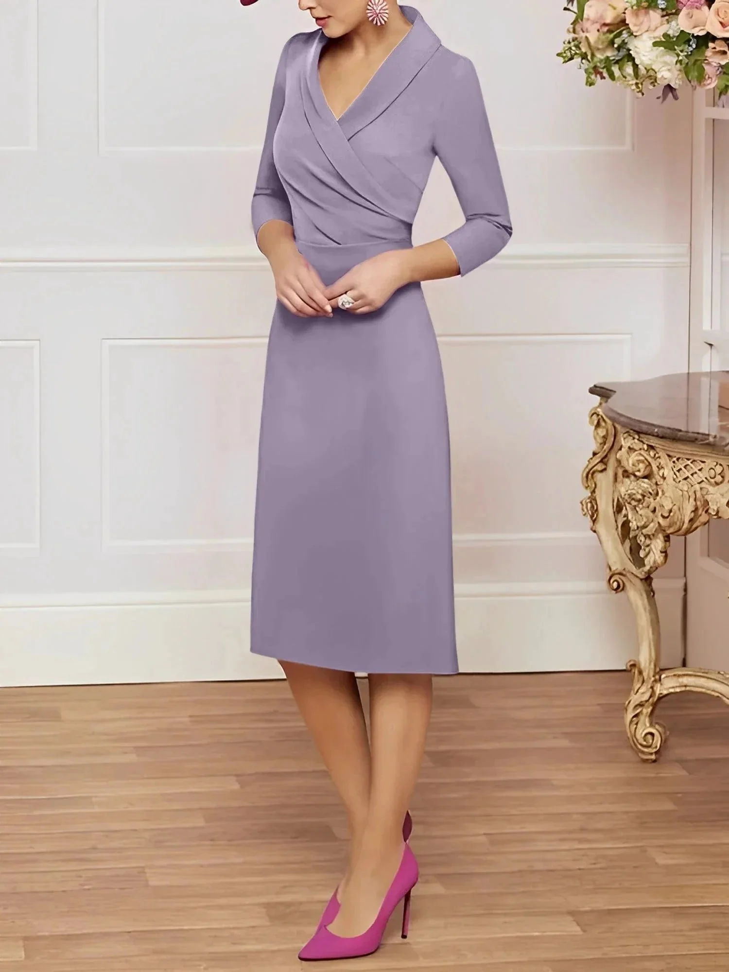 Sheath/Column V-Neck Knee-Length Mother of the Bride Dresses - Image 25